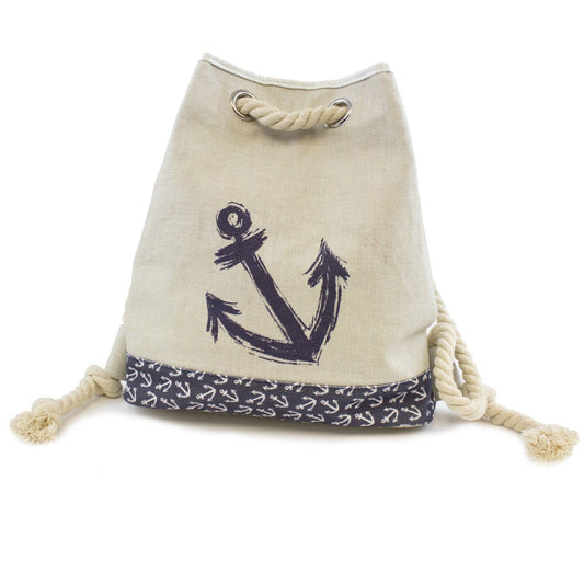 Ocean Elegance: Blue Brush Stroke Anchor Tan Drawstring Canvas Tote Bag